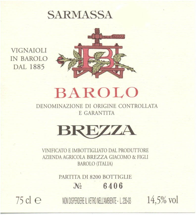 Bottle of Brezza Giacomo Brezza Barolo Sarmassa DOCG 2018