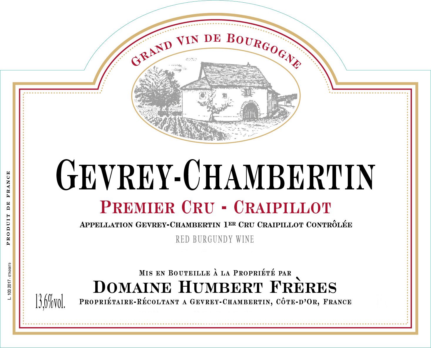 Bottle of Humbert Domaine Humbert Freres Gevrey Chambertin 1er Cru Crapillot 2017
