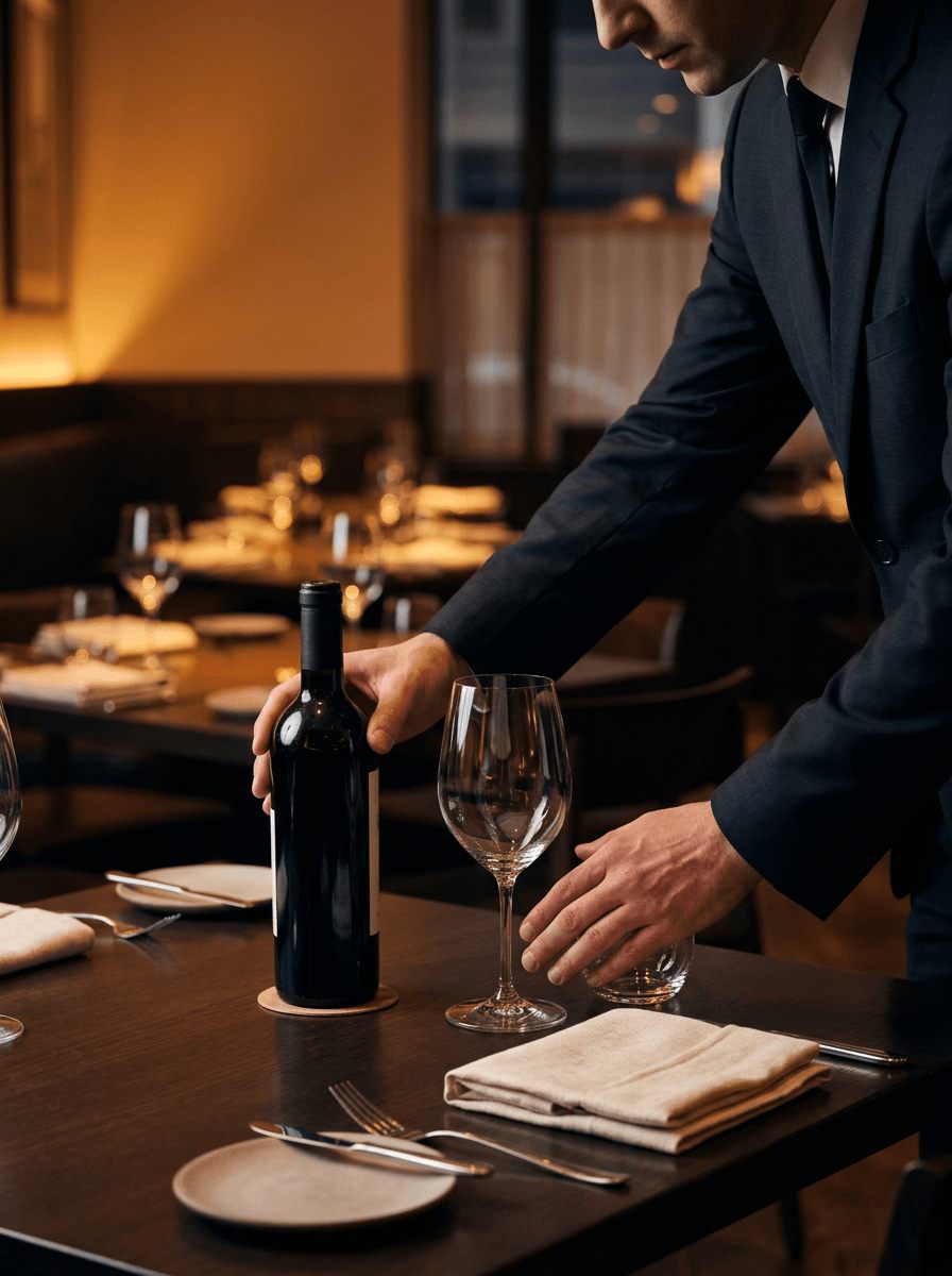 A sommelier setting a restaurant table before service