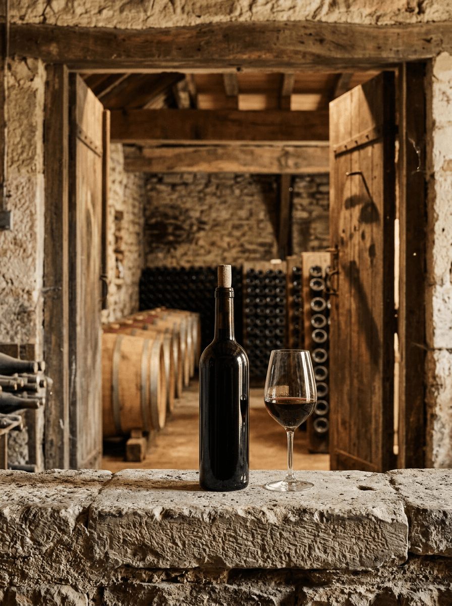 A bottle and glass of red wine on a stone ledge in a barrel cellar