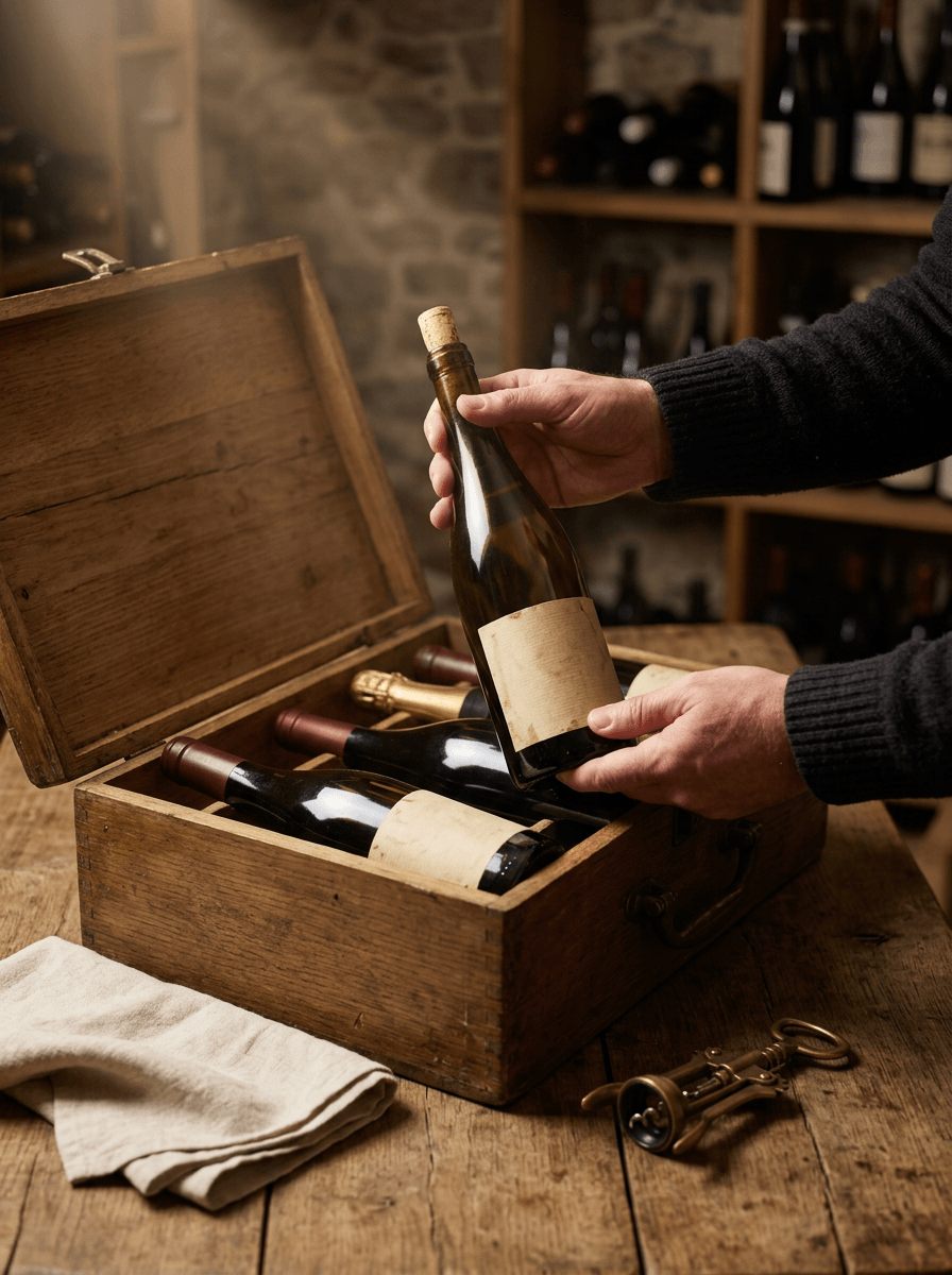Hands lifting a bottle from a wooden case in the cellar