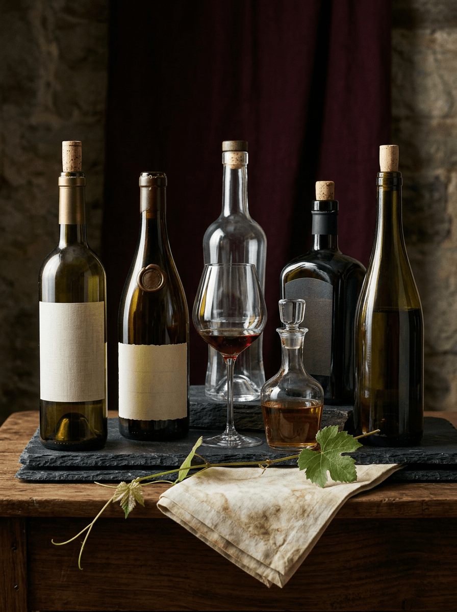 A still life of wine bottles, stemware, and a decanter